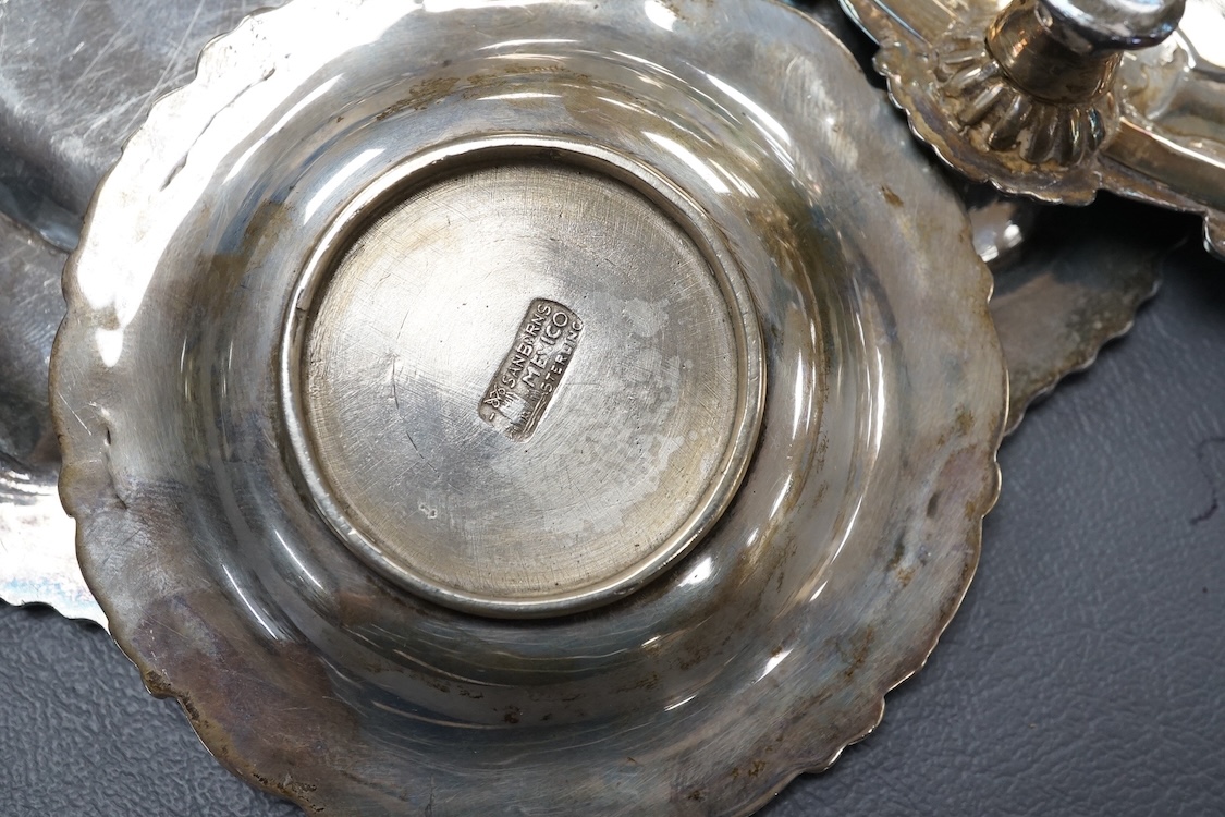 A Mexican sterling plate and small dish, an 800 standard white metal foliate bowl and a white metal dish and similar waiter, gross weight 30.5oz.